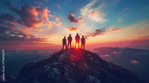 Silhouette of business team stand and feel happy on the most hight at the mountain on sunset, success, leader, teamwork, target, Aim, confident, achievement, goal, on plan, finish, generate by AI photo