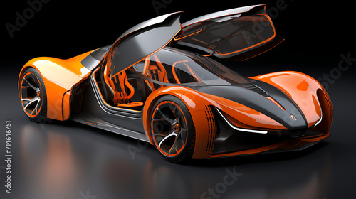A 3D model of a concept car with gull-wing doors.