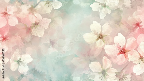  a painting of pink and white flowers on a blue and pink background with a pink and white flower on the left side of the image and a blue and pink flower on the right side of the. photo