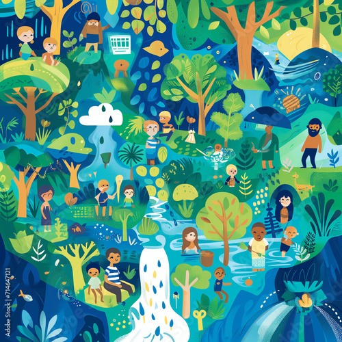 Dynamic artwork capturing diverse global communities united for water conservation and celebration on World Water Day. A vibrant ode to collective efforts and global harmony.