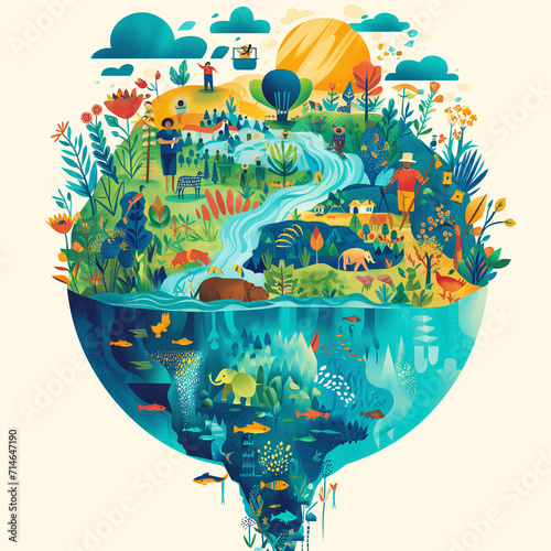 Dynamic artwork capturing diverse global communities united for water conservation and celebration on World Water Day. A vibrant ode to collective efforts and global harmony. photo