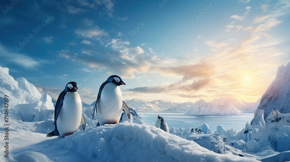 Penguins standing on top of a snow covered mountain range