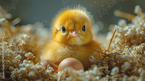 Little newborn chick close-up with nearby egg. Generative AI