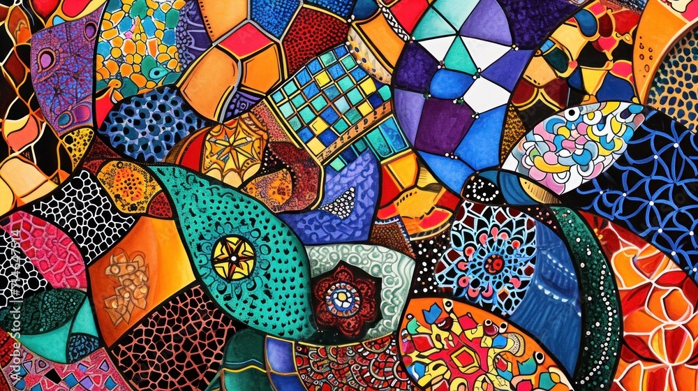 Naklejka premium a painting of an elephant made up of many different colors of different shapes and sizes, with a large elephant's head in the center of the elephant's body.