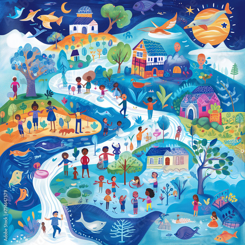 A vibrant illustration showcasing diverse communities around the globe coming together to conserve and celebrate water on World Water Day