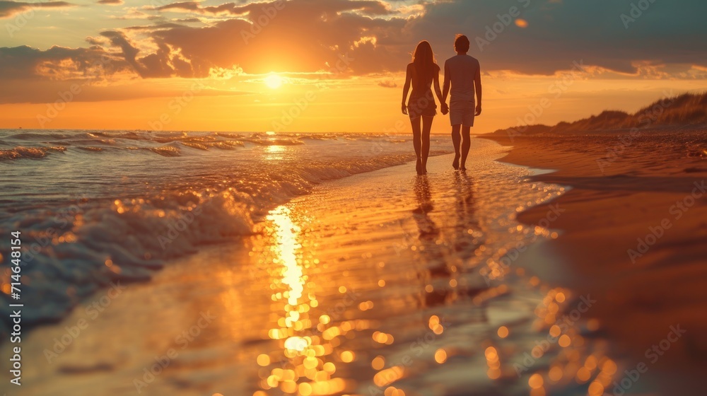  a man and a woman are walking on the beach as the sun sets over the water and the water is reflecting off of the sand and the sand and the water.