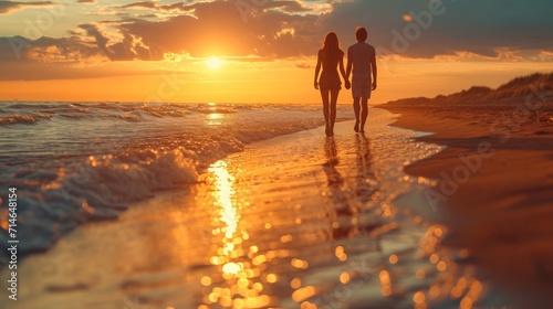  a man and a woman are walking on the beach as the sun sets over the water and the water is reflecting off of the sand and the sand and the water. © Olga