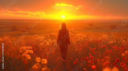  a person standing in a field of flowers with the sun setting over the horizon in the middle of the picture, with the sun setting over the horizon in the middle of the field.