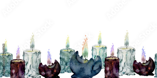 Hand drawn watercolor sea witch altar objects. Burning pillar and ball votive candles with flame, blue purple. Seamless banner isolated on white background. Design for print, shop, gothic, witchcraft photo