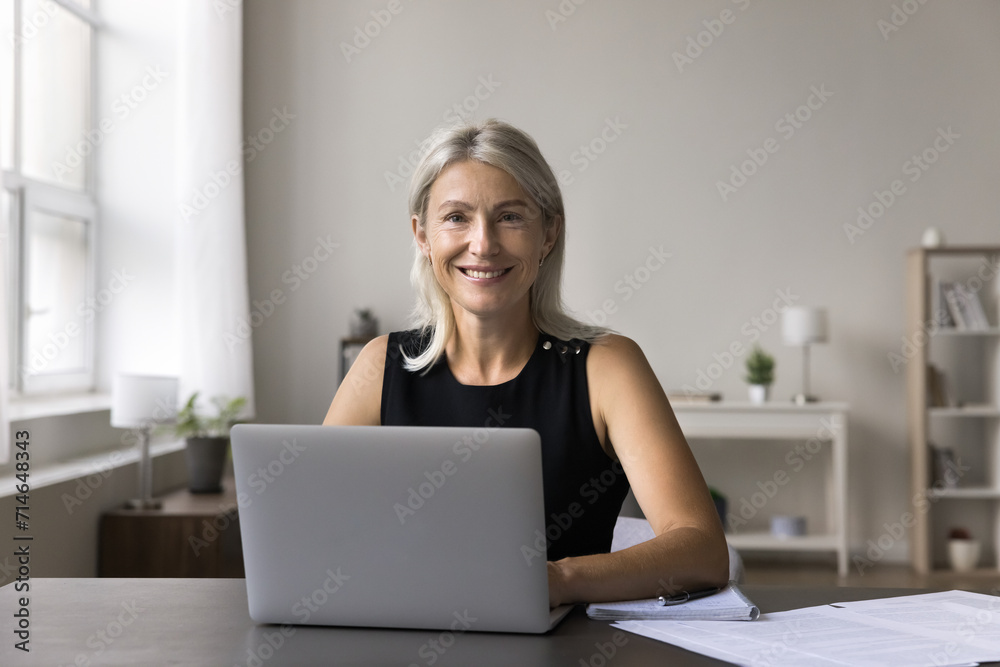 Attractive business woman sits at workplace desk, working on laptop, smile looking camera, posing, do research project, proud of professional achievement, successful leader feel satisfied with career Attractive business woman sits at workplace desk, working on laptop, smile looking camera, posing, do research project, proud of professional achievement, successful leader feel satisfied with career