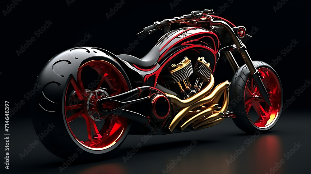 A design concept for a custom chopper motorcycle.