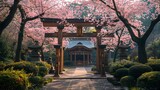 A serene Shinto shrine hidden in the midst of a lush Japanese garden, the torii gate framed against the backdrop of cherry blossoms in full bloom. 