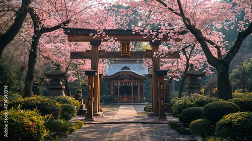 A serene Shinto shrine hidden in the midst of a lush Japanese garden, the torii gate framed against the backdrop of cherry blossoms in full bloom. 