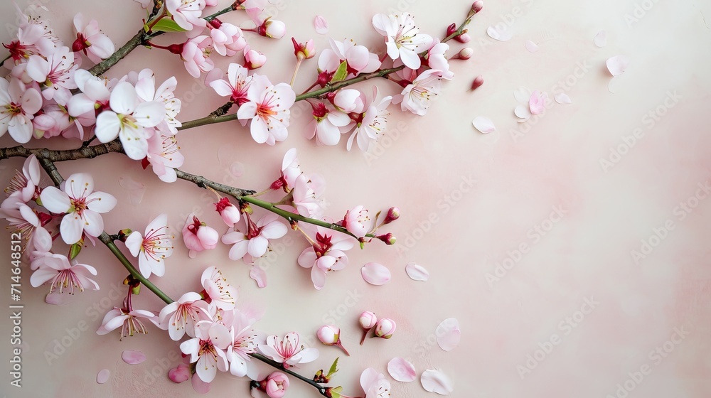 Fototapeta premium Cherry blossom flowers on pastel colored background