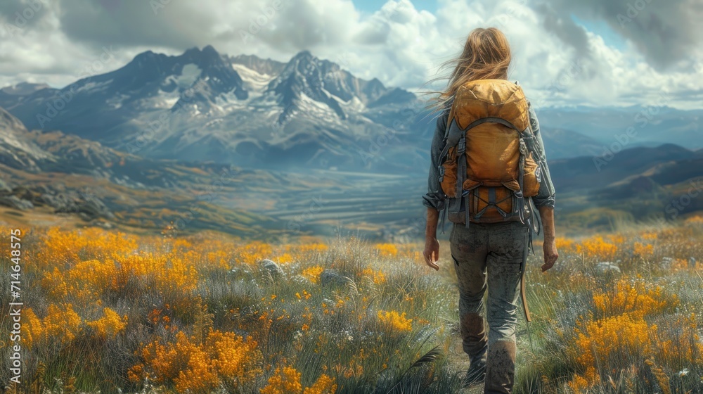  a woman with a backpack is walking through a field of wildflowers in front of a mountain range with snow - capped mountains in the distance in the distance.