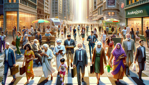 Diverse group of people crossing the street in a bustling city photo
