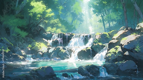 A breathtaking scene of a cascading waterfall in a pristine forest  capturing the play of light and shadow on the water s surface  Niji art style - Generative AI