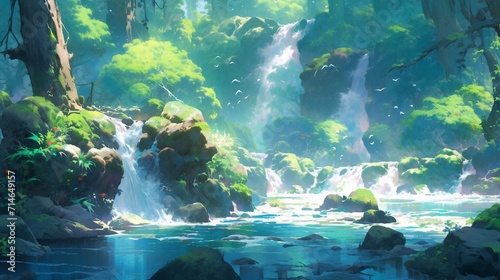 A breathtaking scene of a cascading waterfall in a pristine forest  capturing the play of light and shadow on the water s surface  Niji art style - Generative AI