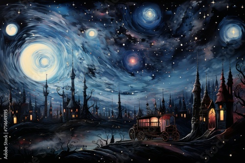 Whimsical starry night carriages, traversing the cosmos and granting wishes to dreamers - Generative AI