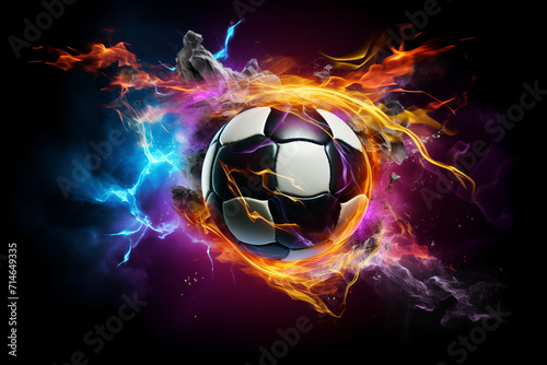soccer ball with flames and lightning flying on night sky  blue and purple background