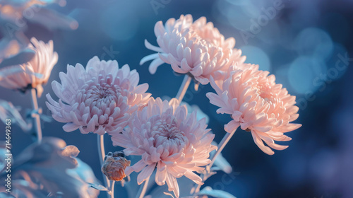  a bunch of pink flowers sitting on top of a lush green leafy plant with a blue boke of light coming from the center of the flowers and a blurry background.