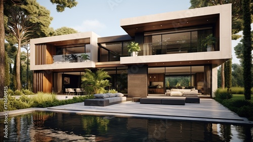 modern villa design with large windows. Modern architecture. © Mas