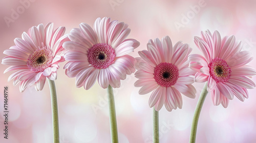 a group of three pink flowers sitting on top of a pink and white counter top next to a pink and white wall with a blurry back ground behind it.