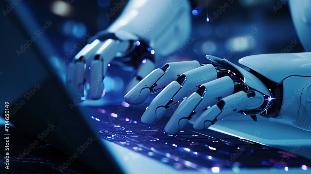 Futuristic robot hand typing and working with laptop keyboard. - obrazy, fototapety, plakaty 