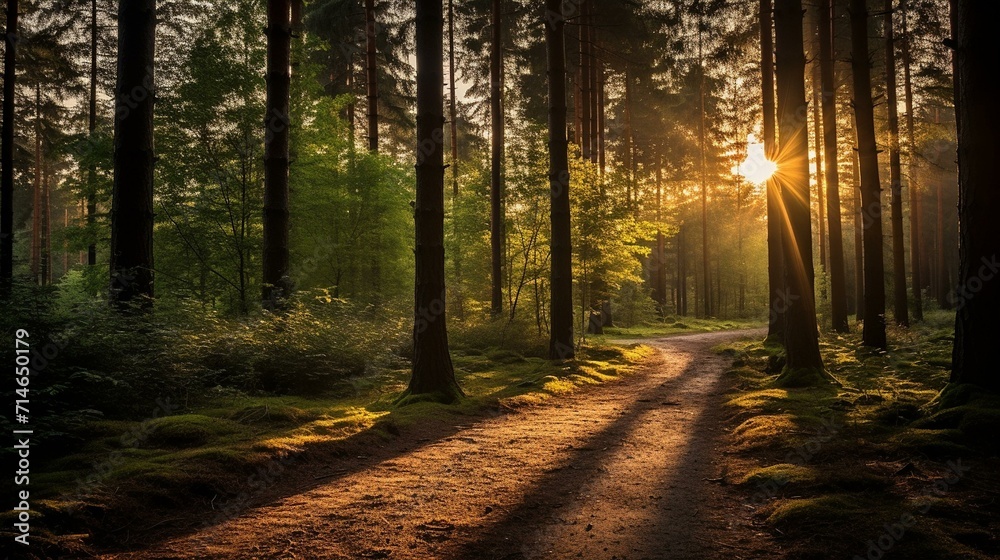 Enchanting Sunrise Through a Forest Path