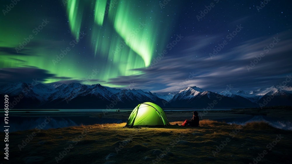 Majestic Display of the Aurora Borealis over a Campsite