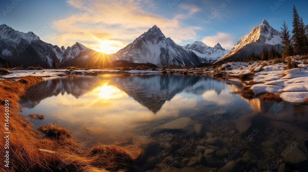 Breathtaking Alpine Sunrise Reflecting on a Tranquil Lake