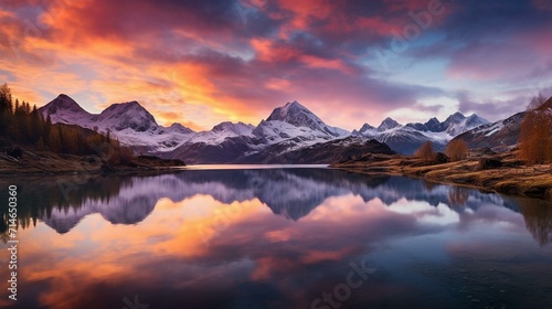 Breathtaking Alpine Sunset Reflected in a Calm Lake