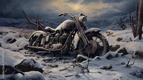 A photo-realistic image of a motorcycle in a snowy landscape.