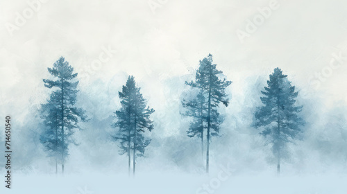  a painting of a foggy forest with pine trees in the foreground and a blue sky in the background with white clouds in the middle of the foreground.