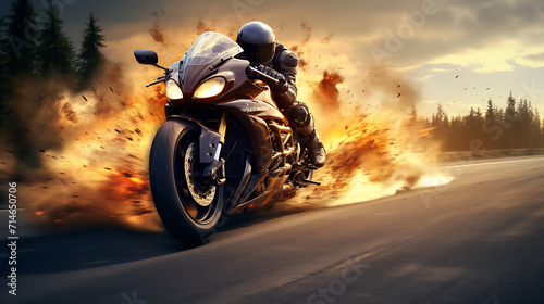 A photo-realistic image of a motorcycle doing a burnout.