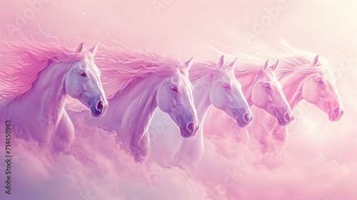  a group of white horses standing next to each other on top of a pink cloud filled sky with a pink and white sky behind them is a group of white horses.
