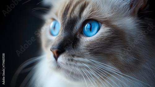 close up of a cat, stunning Ragdoll cat with striking blue eyes, highlighting its beautiful and captivating gaze photo