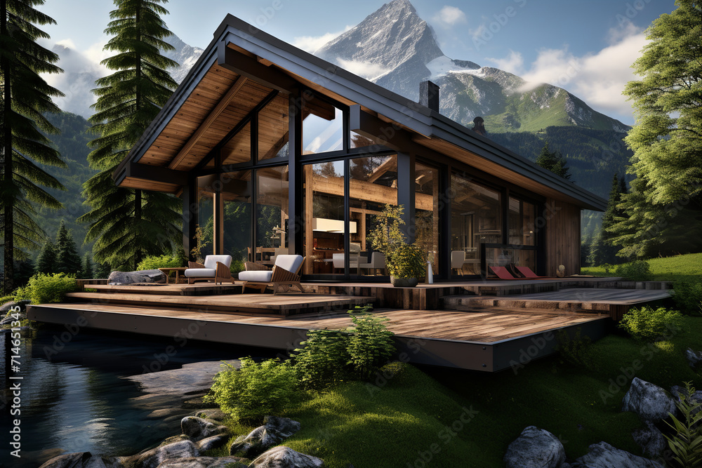 Large modern cottage chalet with large windows, landscape design, trees, natural stone, mountain background