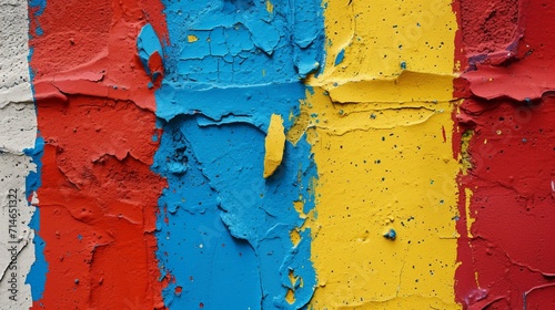 close up of colorful paint, white rough filler plaster fa? section ade wall texture background
