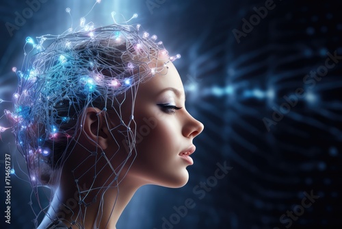 Cyborg brain chip nerve cells Neurobiology, neurochemistry, neurophysiology, Neurons neurotransmission and neuroplasticity. Neural processes, Neuromodulation, drives cognitive functions in mind axon photo
