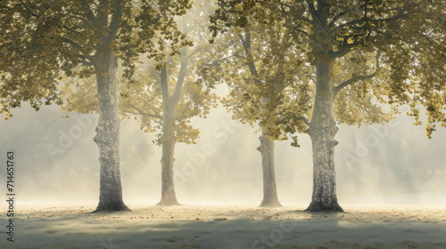  a painting of three trees in a foggy forest with leaves on the ground and the sun shining through the trees on the far side of the trees, in the foreground.