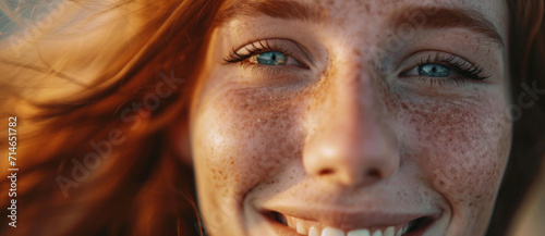 Close-up of a joyful red-haired girl with freckles, her eyes sparkling with happiness in the golden hour glow © Ai Studio