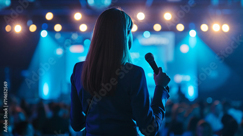 Business Event Host Speaking on Stage with Blue Hue photo