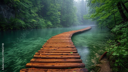 Beautiful lake views with wooden walkways. photo