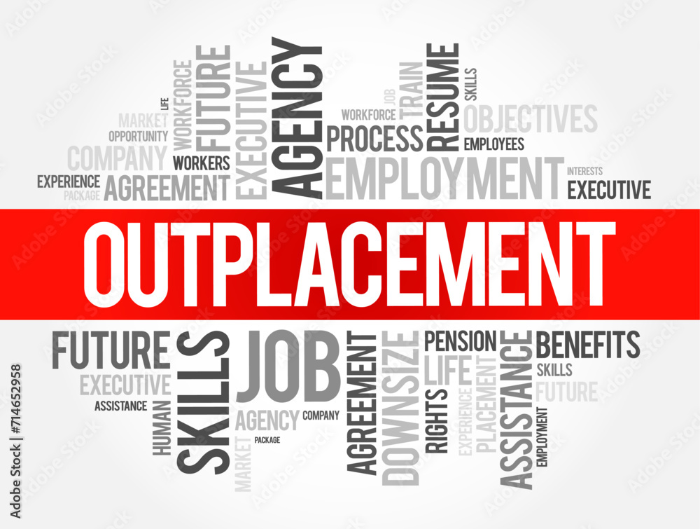 Outplacement is a support service provided by organizations to help former employees transition to new jobs, word cloud concept background Outplacement is a support service provided by organizations to help former employees transition to new jobs, word cloud concept background