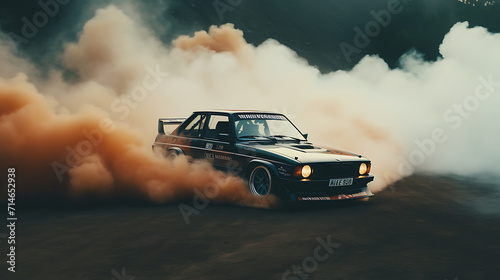A video of a car drifting through a smoke-filled course.