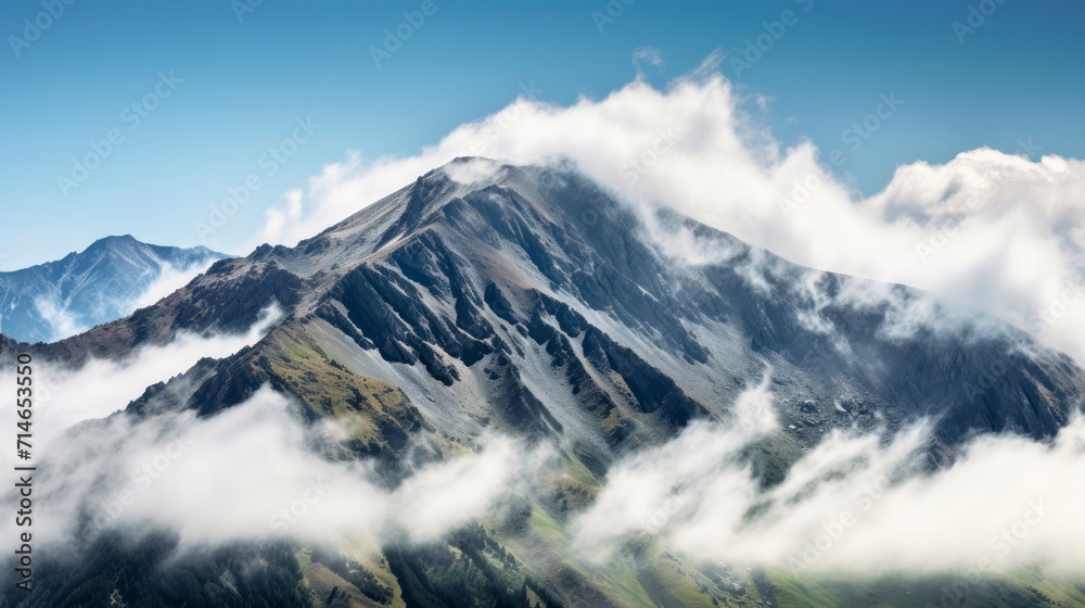 Mountain landscape with clouds and blue sky. Panoramic view