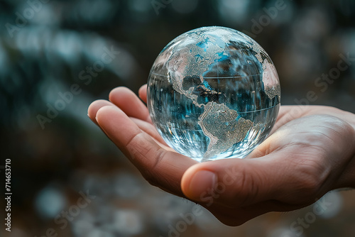 Crystal glass globe earth ball on human hand, 