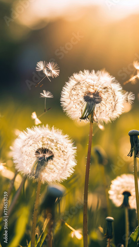 Dandelion seed head dispersing seeds into the wind natural background