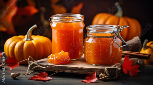 pumpkin jam in a glass jar. pumpkin jam on a wooden background. Delicious natural marmalade